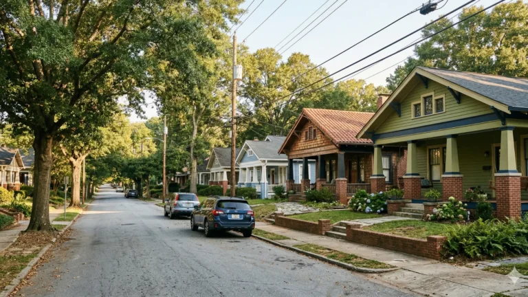 A shaded residential street of bungalows with cars parked along the kerb