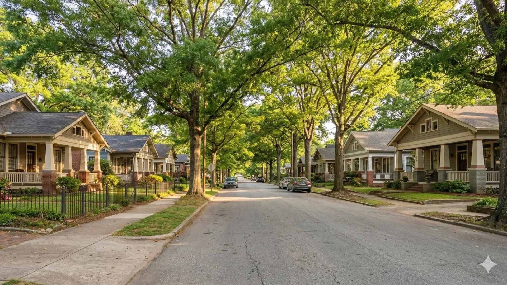 A shaded street lined with Craftsman bungalows