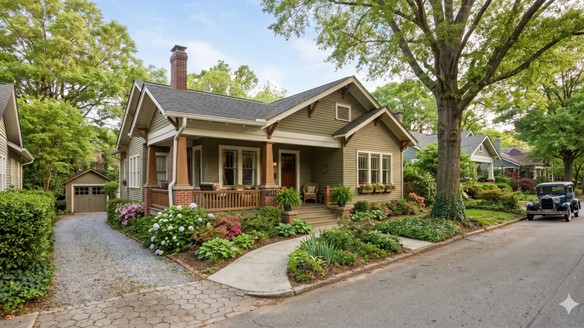 A shingle clad Craftsman bungalow on a corner lot with a gravel drive