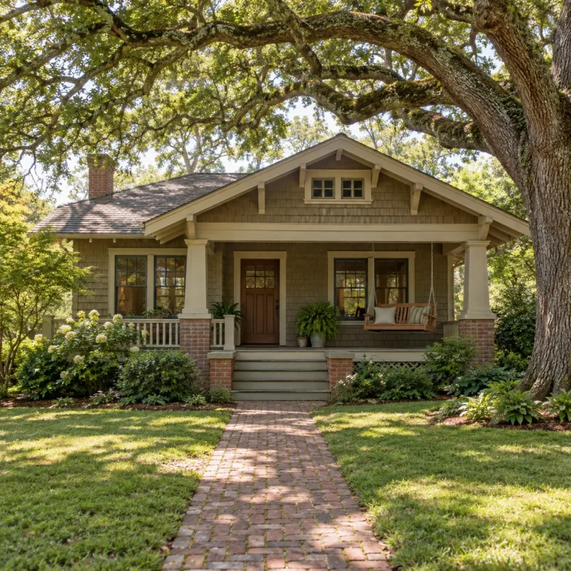 A shingled Craftsman cottage under a large oak, with a brick walk through the front lawn and a porch swing beside the front door in soft morning light