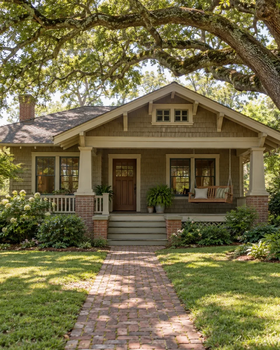 A shingled Craftsman cottage under a large oak