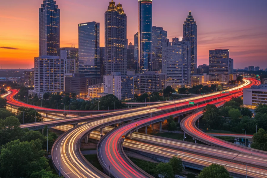A lit city skyline at dusk above curving highway interchanges streaked with vehicle light trails