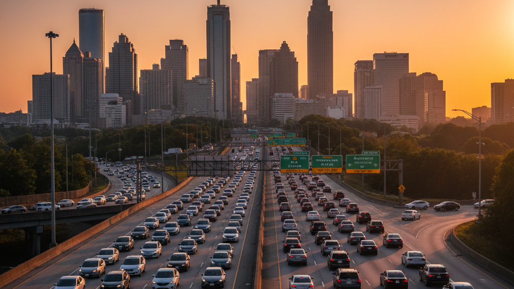 Heavy traffic filling every lane of a wide highway at sunset, with a city skyline behind
