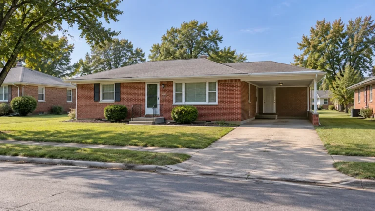 A small single story brick starter home with an attached open carport, a short driveway and a plain lawn, with similar houses along the street in an established neighbourhood