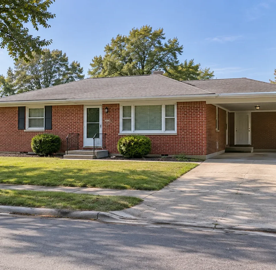 A small single story brick starter home with a carport