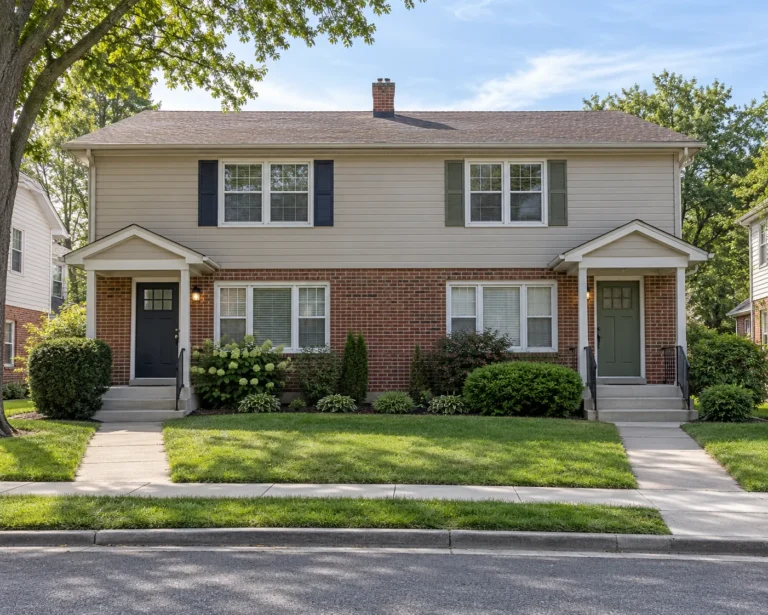 A small brick and siding duplex with two separate front entries and simple foundation planting on an ordinary street in even daylight