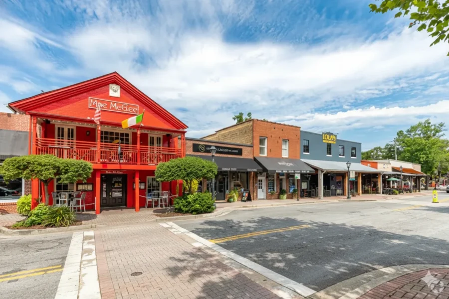 Small-town commercial block with a red-painted pub and storefronts
