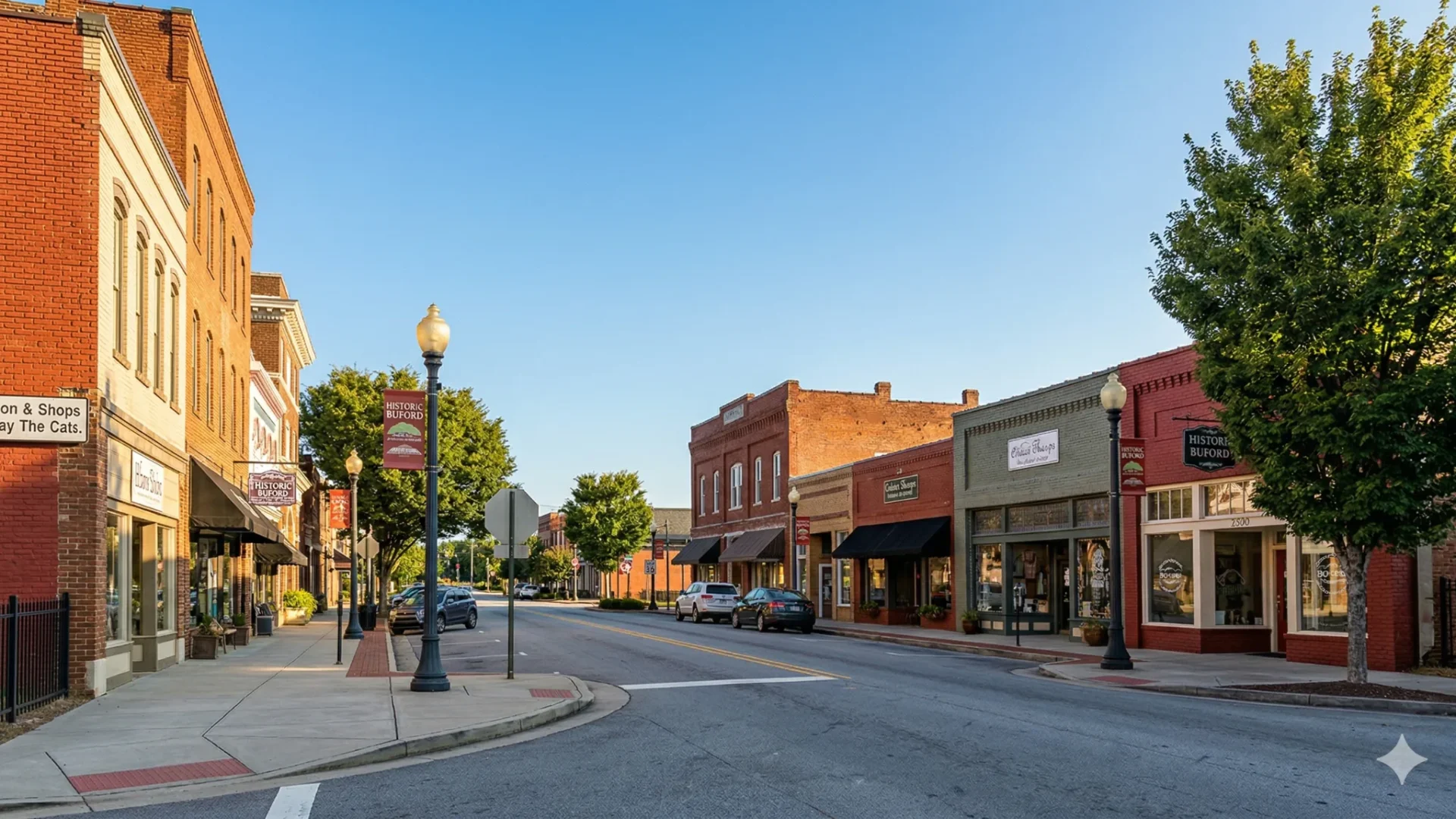 A small-town main street lined with two-storey brick storefronts
