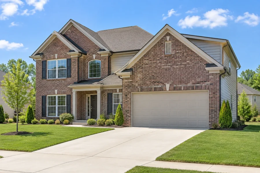 A newer two storey suburban house seen from a slight angle, with brick across the front elevation, siding on the side wall, a two car garage, a level lawn and a wide concrete driveway in bright daylight