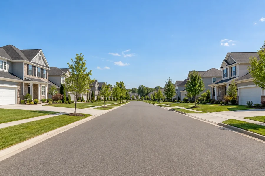 A wide suburban residential street lined with newer two storey houses, young street trees, broad lawns and wide driveways under bright daylight