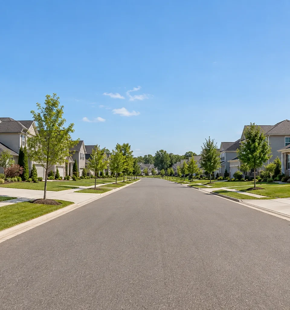 A wide suburban street lined with newer two story houses