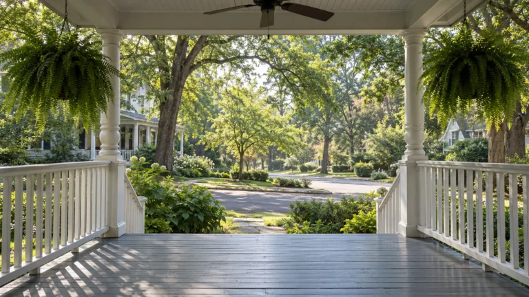 The view out from a deep shaded southern front porch, with painted floorboards, white turned columns, a ceiling fan and hanging ferns framing a green tree lined residential street beyond