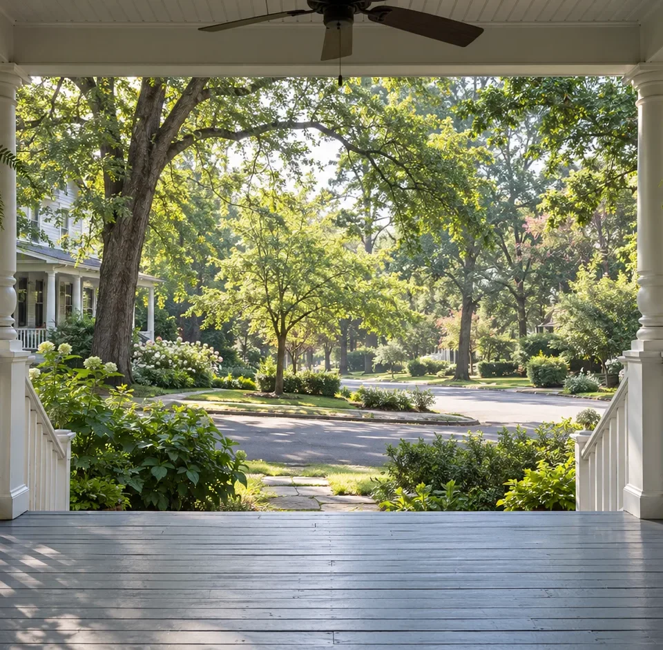 The view out from a deep shaded front porch