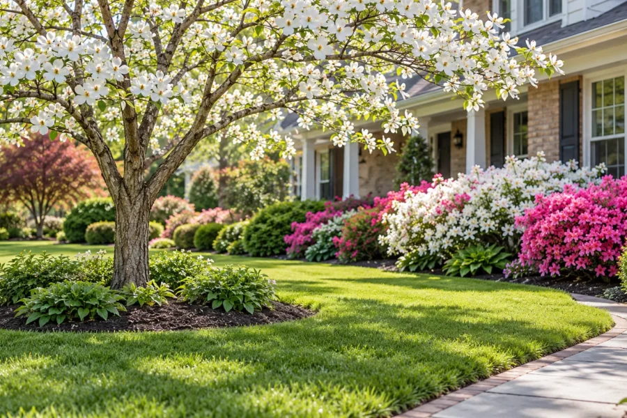 A well kept front yard in full southern spring bloom in front of a home