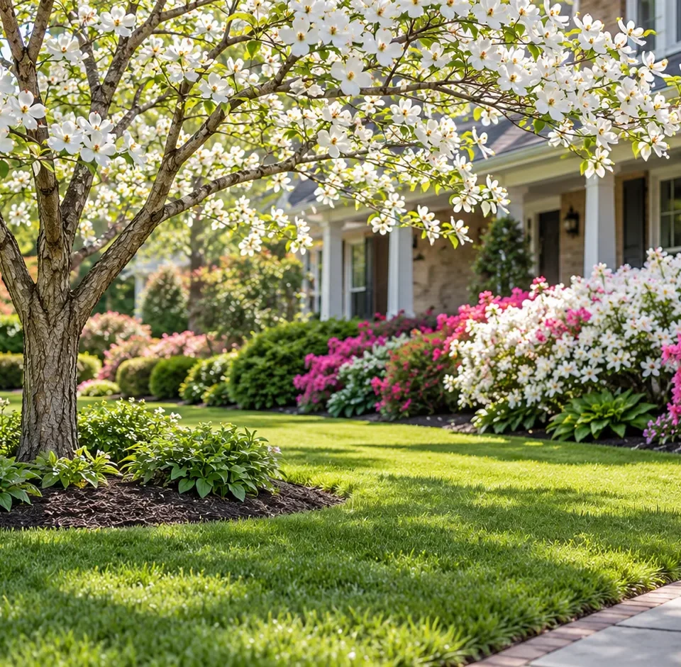 A well kept front yard in full spring bloom