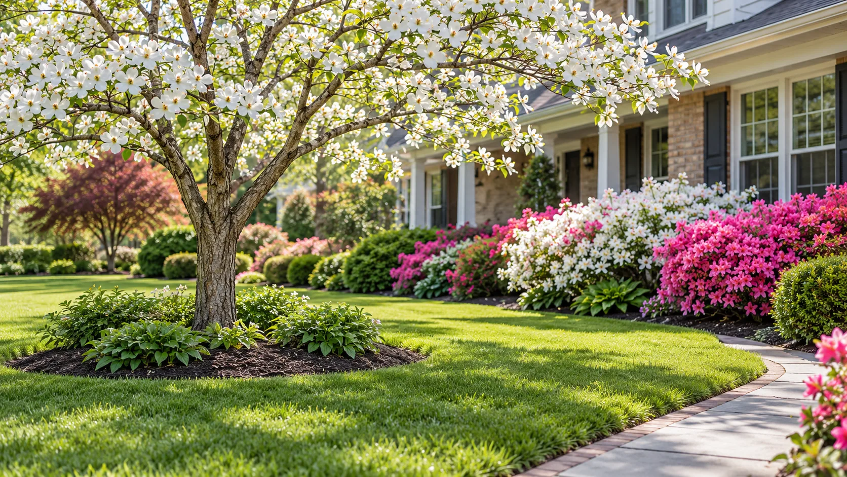 A well kept front yard in full southern spring bloom, with banks of pink and white azaleas along the foundation, a flowering dogwood over a freshly cut lawn and crisp dark mulch in the beds