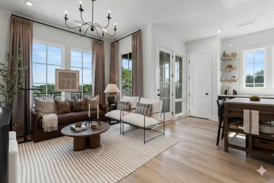 Staged living room with a chandelier, neutral seating and a dining nook