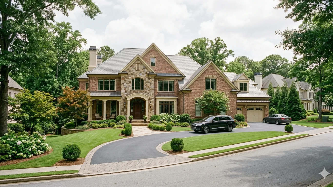 Stone and brick estate on a curving street with a motor court