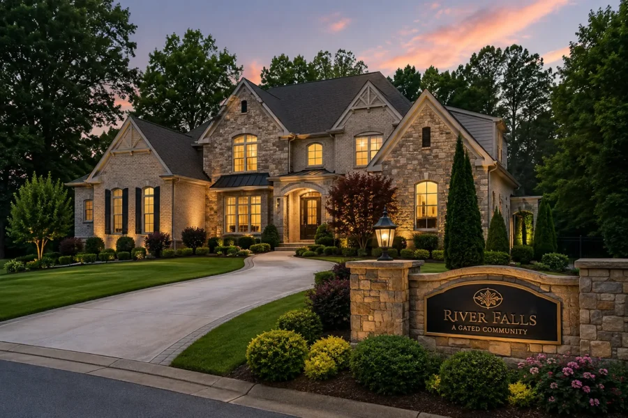 A stone and brick house lit at dusk beside a community entrance sign