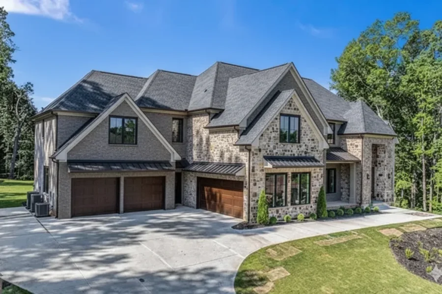 A stone and brick house with a two-car garage on a sloping drive