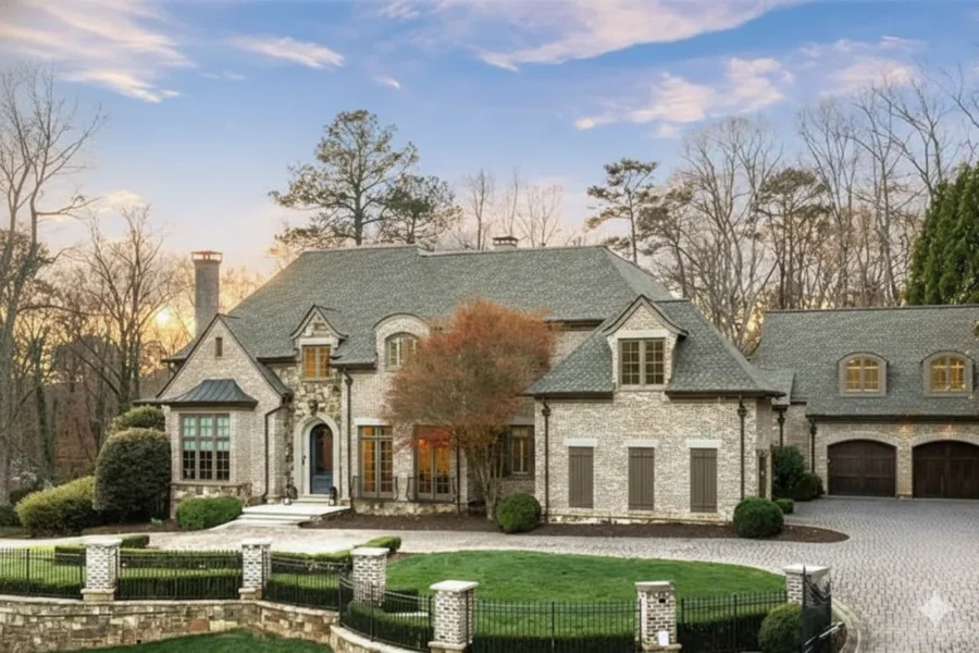 A stone European-style house with steep gables and a circular drive