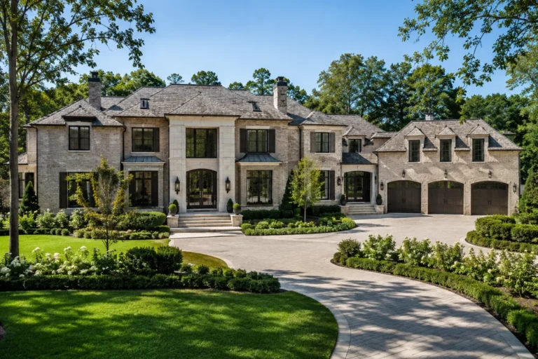A large stone house with arched windows and a four-car garage