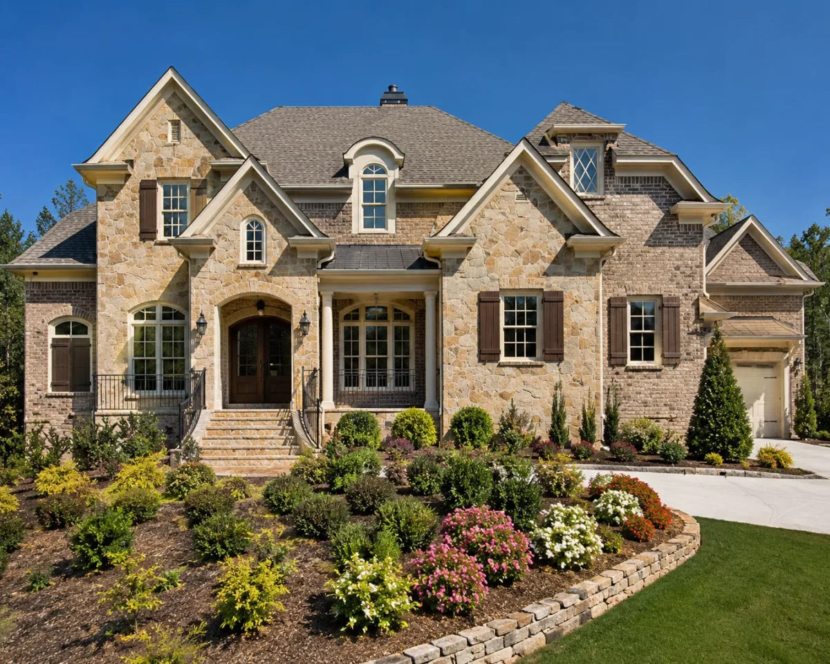 A stone fronted house with steep gables and an arched entry above landscaped beds