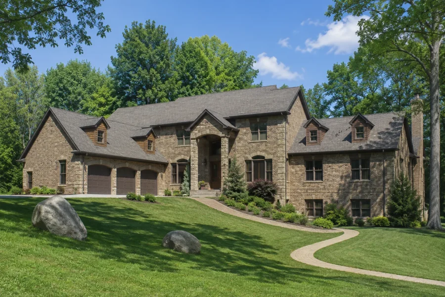A large stone house with steep gables behind a sloping lawn and a curved drive