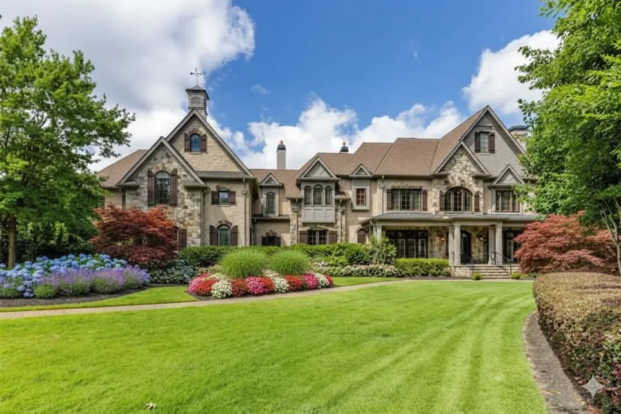 A large stone house with steep gables behind a striped lawn