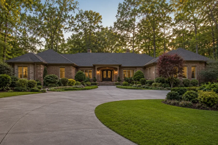 A long stone ranch-style house lit at dusk behind a curved drive