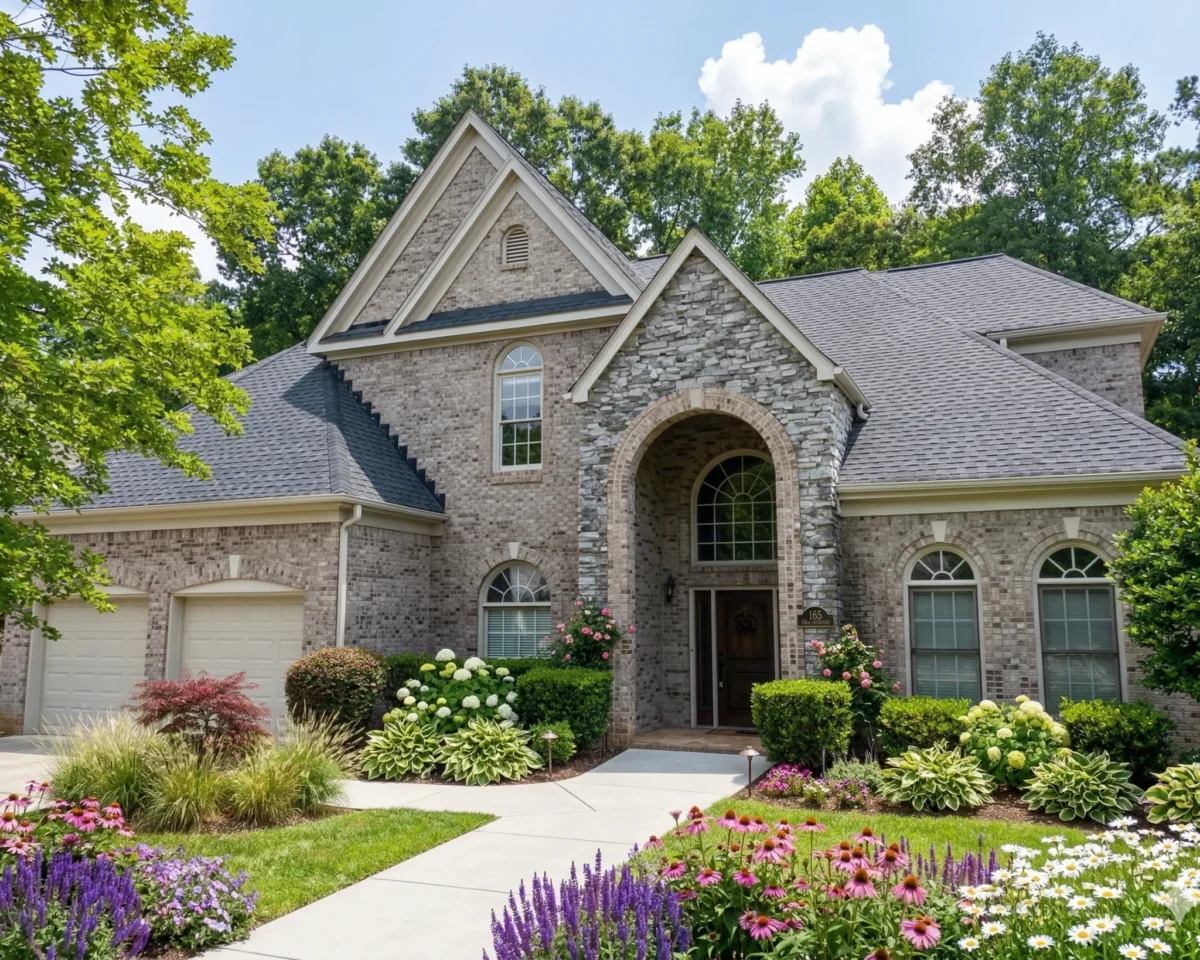 Stone and shingle house with steep gables and an arched stone entry