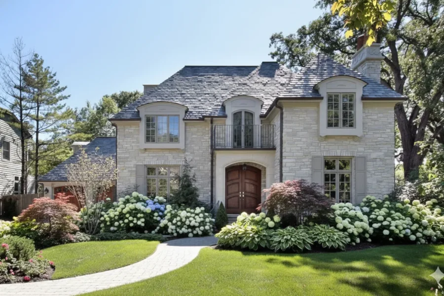 A stone and slate house behind a curving path and banks of hydrangeas