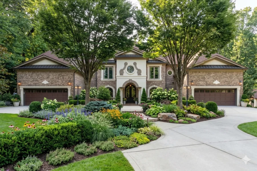 Stone and stucco house with an arched two-bay garage and layered plantings