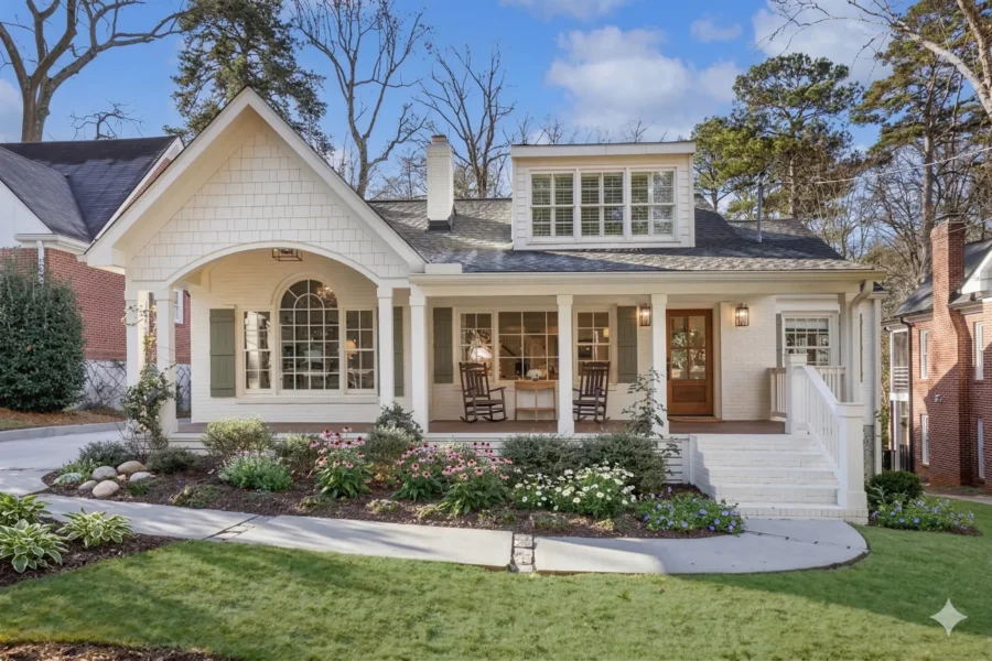 Grey stone and stucco two-story with a copper-roofed bay and boxwood