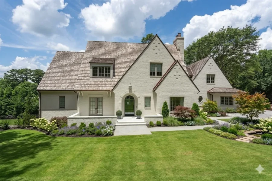 A stone and stucco cottage style house with a steep shingled roof above a clipped lawn