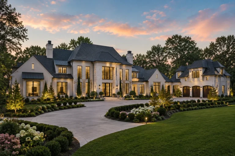 A large stone and stucco estate lit at dusk behind a circular drive