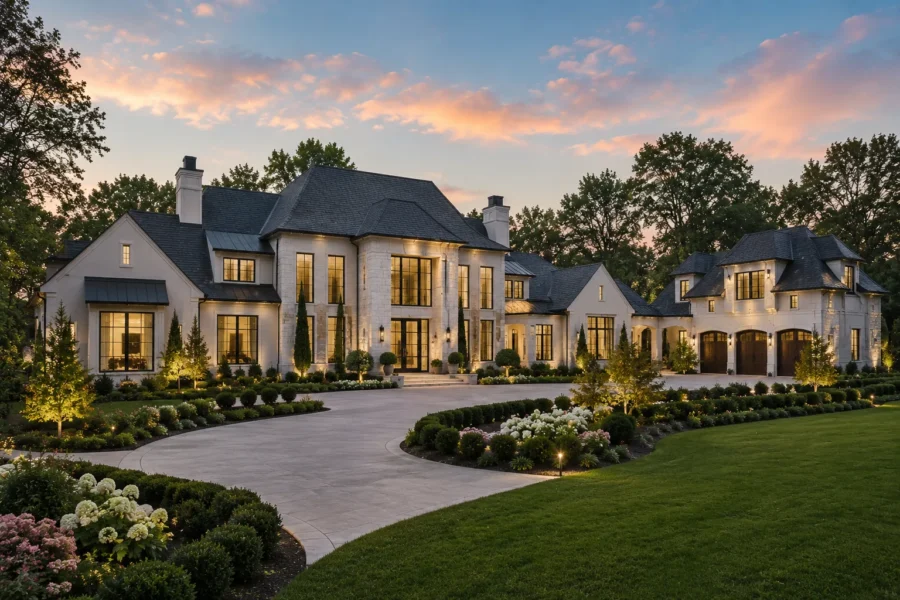 A large stone and stucco estate lit at dusk behind a circular drive