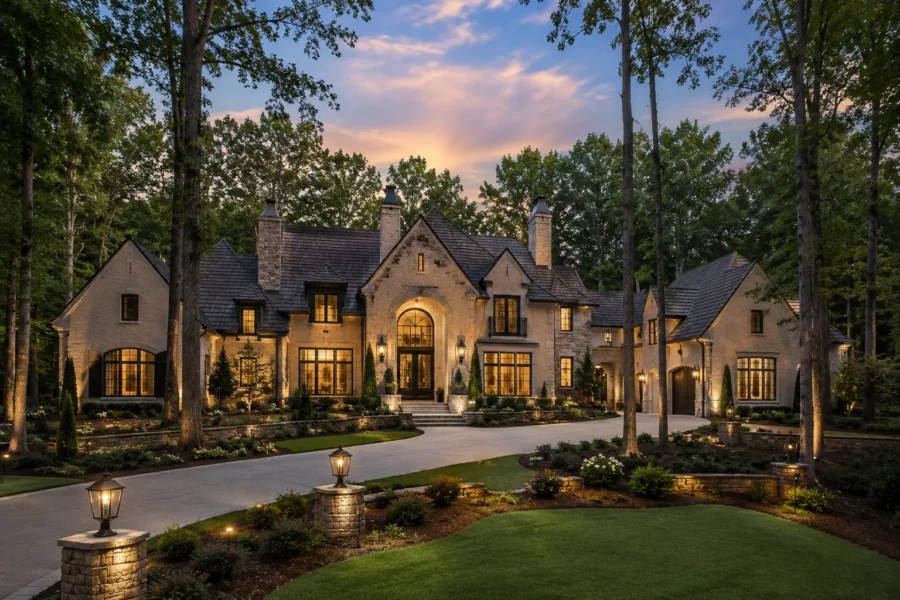 A large stone and stucco estate lit at dusk behind a curving drive