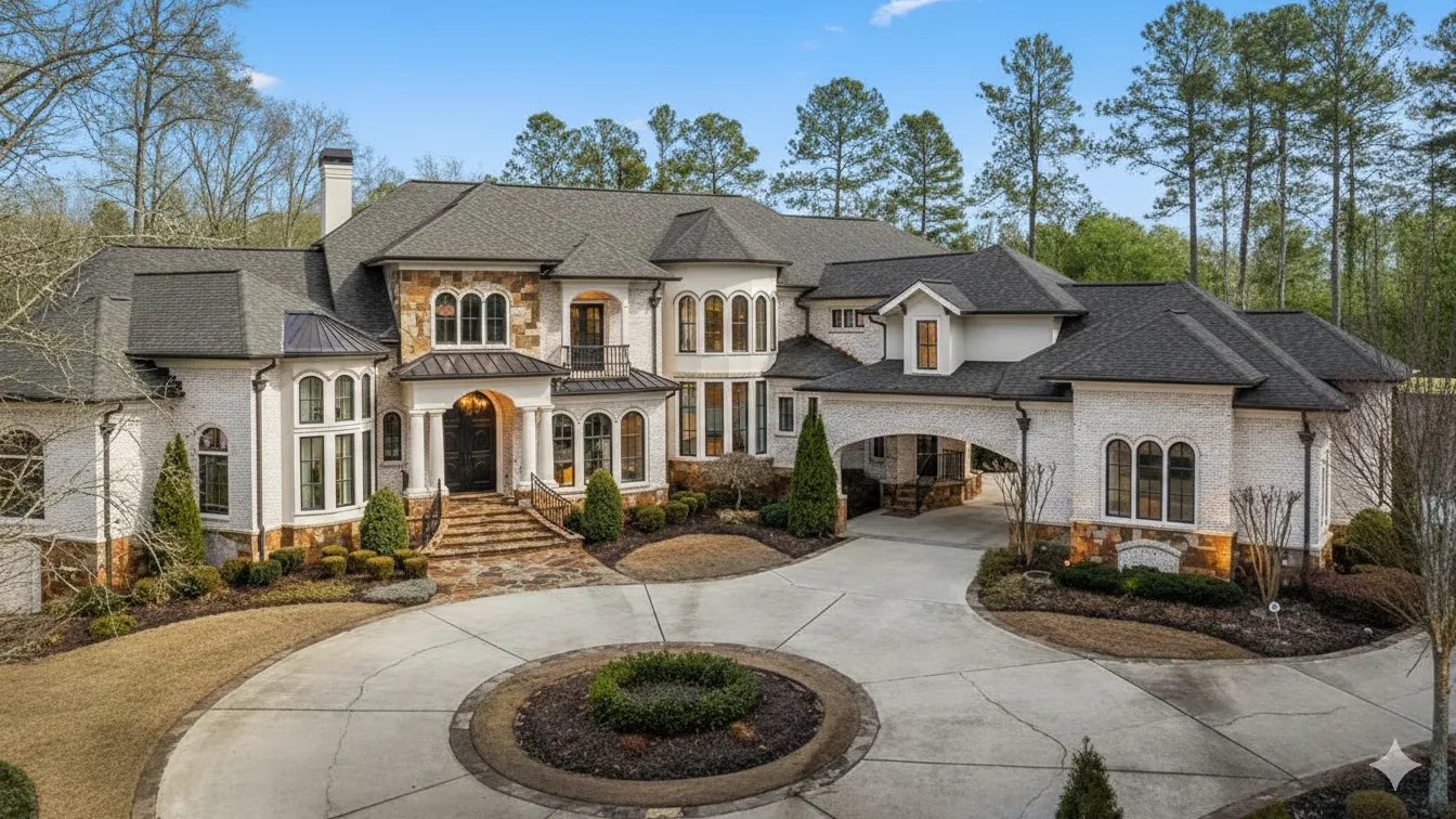 Stone and stucco estate with a circular motor court and a fountain