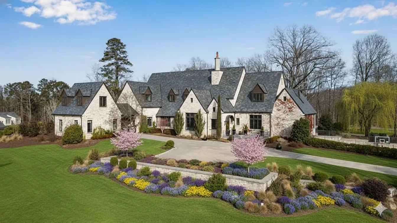 A large stone and stucco estate home with steep gables set behind a wide lawn and flowering beds
