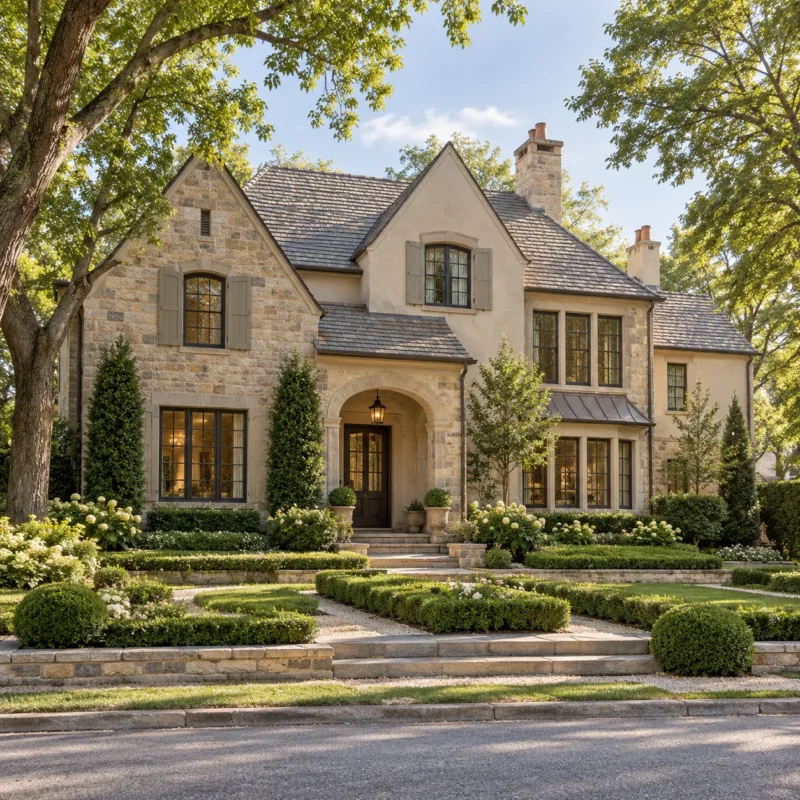 A large stone and stucco house with steep slate gables, seen from the street behind a formal clipped box parterre with mature trees framing both sides