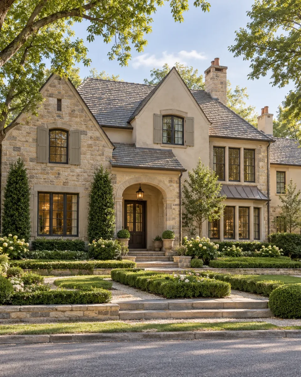 A large stone and stucco house with steep gables