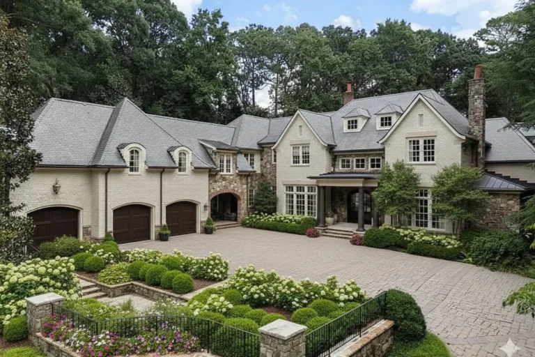 A large stone and stucco house with a courtyard garage and clipped hedges