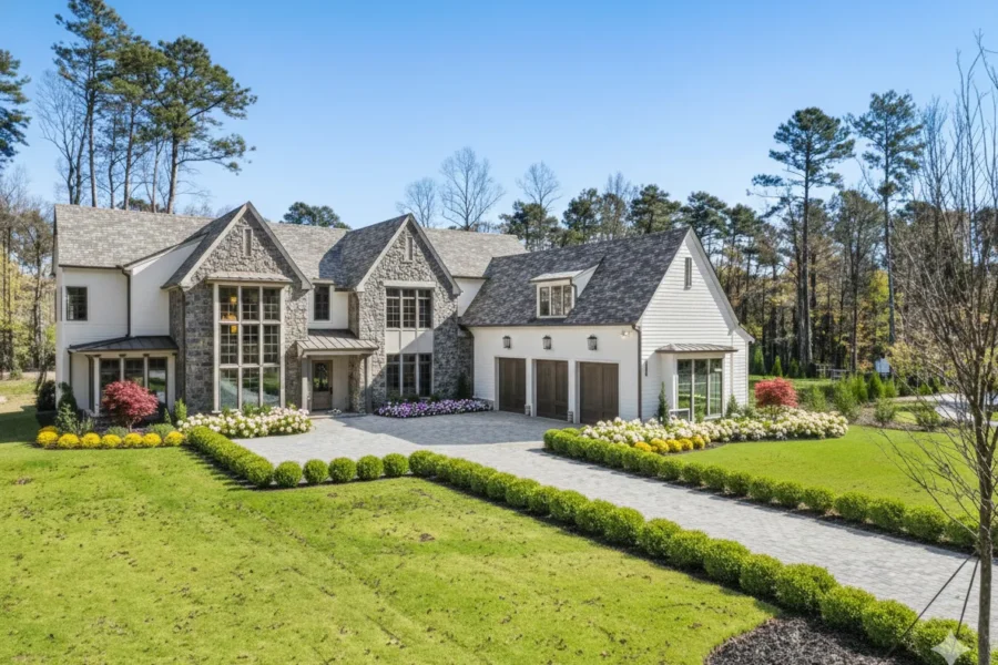 A stone and stucco house at the end of a long drive between clipped hedges