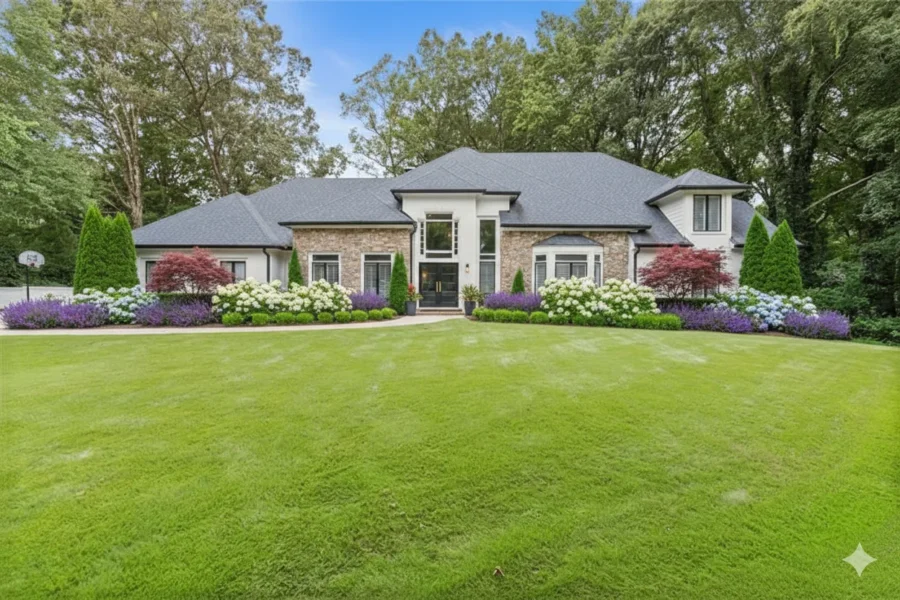 A stone and stucco house set back across a wide open lawn