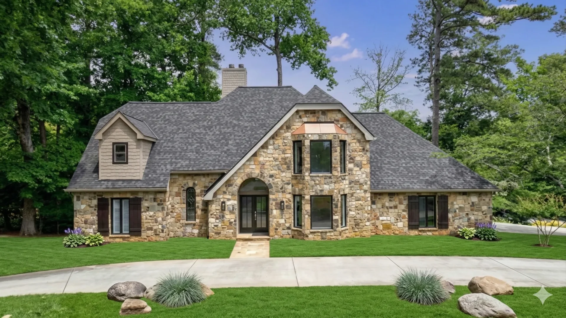 Stone and stucco house with a turret bay and boulder-edged planting beds