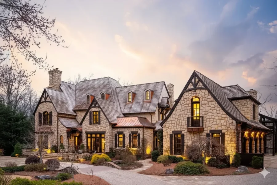 A large stone and timber Tudor-style house lit at dusk