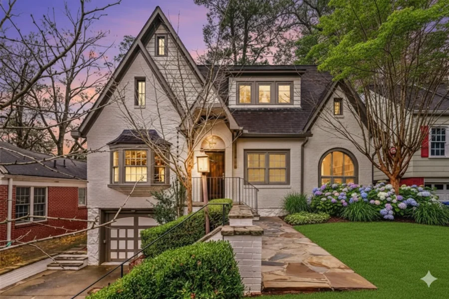 A stone Tudor cottage lit at dusk above a basement garage and stone steps