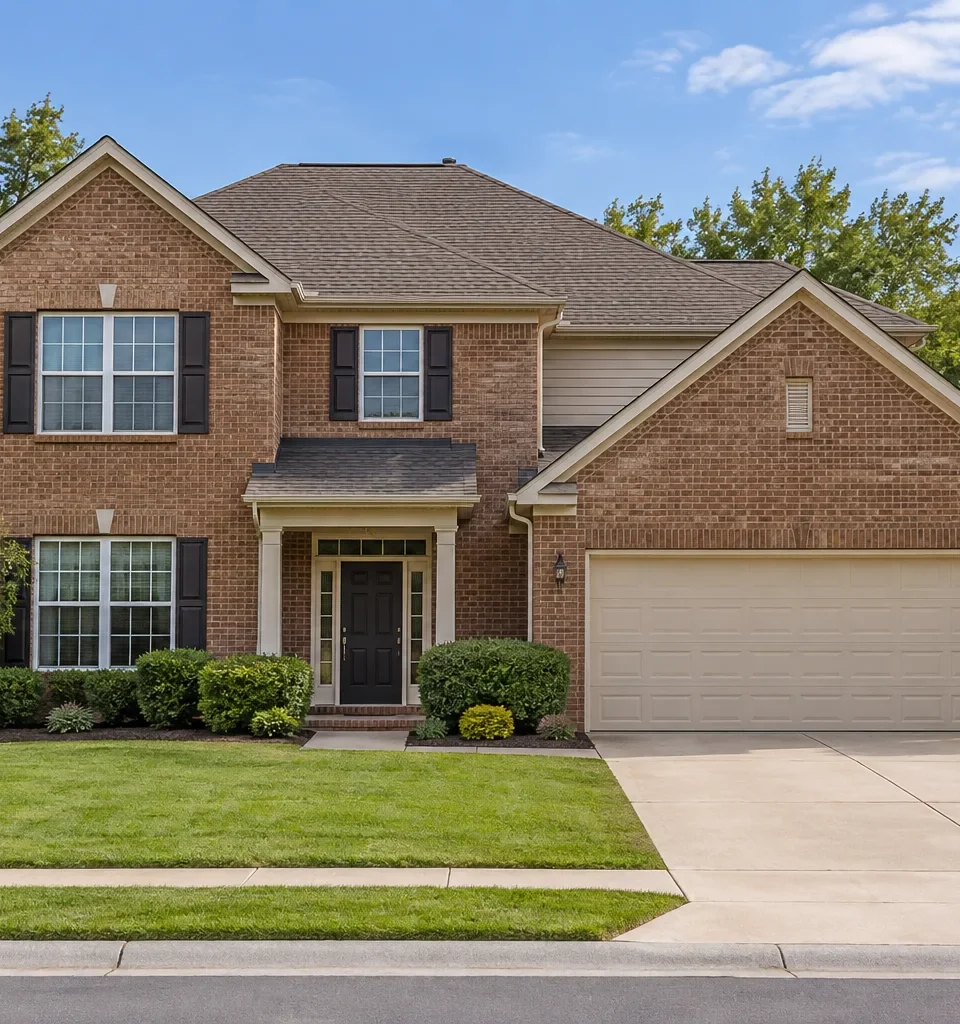A two story brick suburban family house with a two car garage