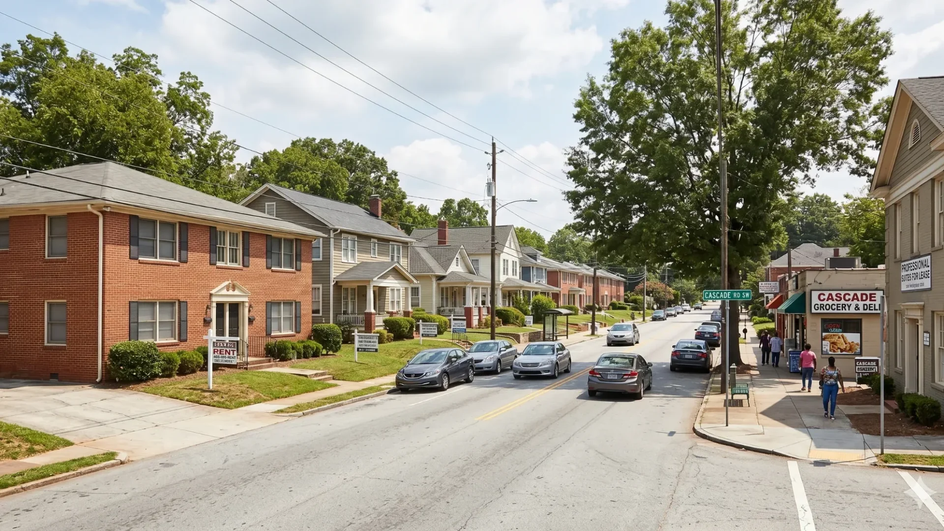 A street of brick apartment buildings and houses with cars parked along it